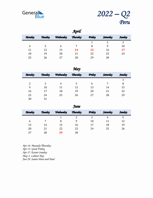 April, May, and June Calendar for Peru with Monday Start