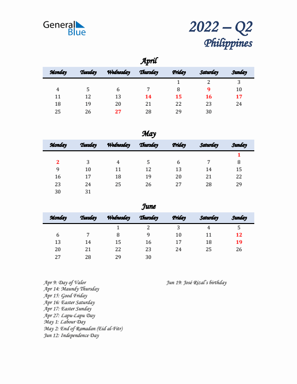 April, May, and June Calendar for Philippines with Monday Start