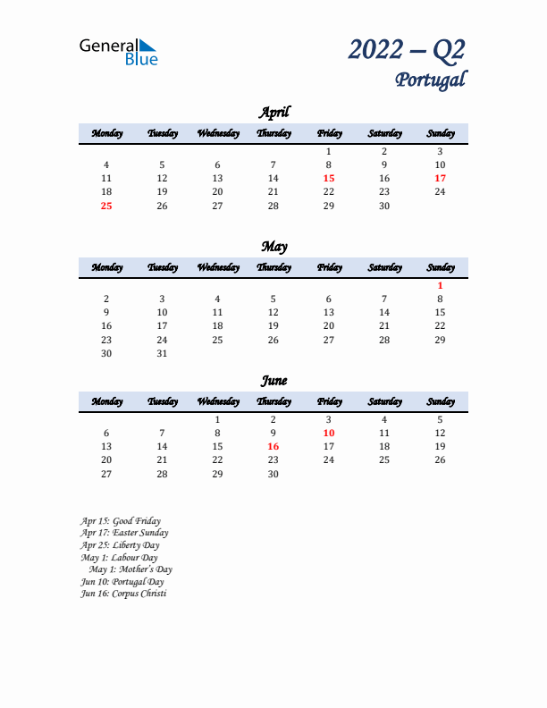 April, May, and June Calendar for Portugal with Monday Start