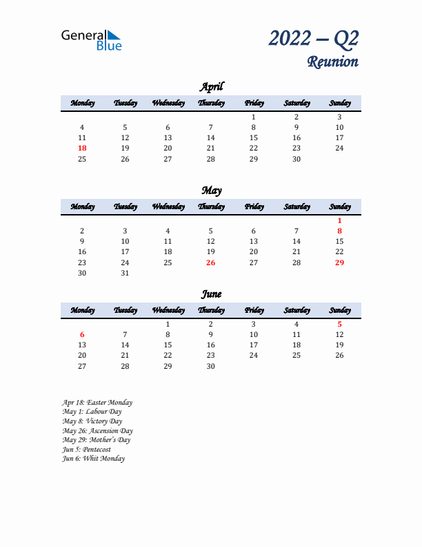 April, May, and June Calendar for Reunion with Monday Start