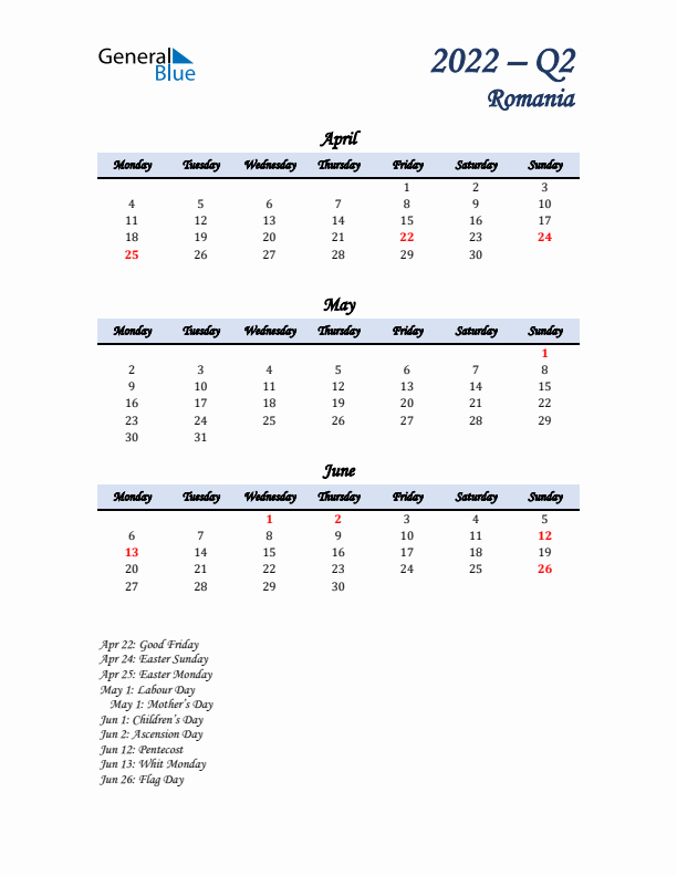 April, May, and June Calendar for Romania with Monday Start