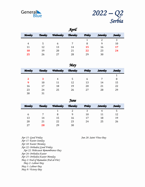 April, May, and June Calendar for Serbia with Monday Start