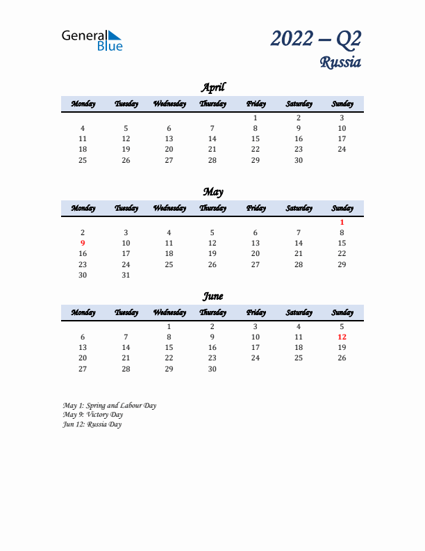 April, May, and June Calendar for Russia with Monday Start