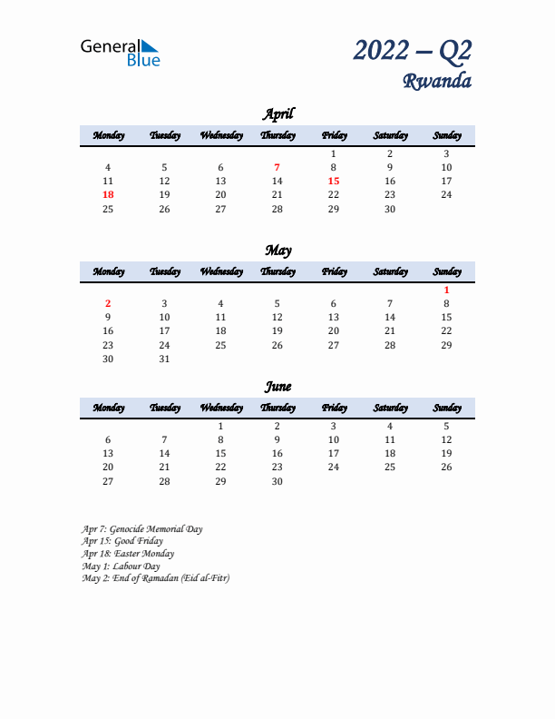 April, May, and June Calendar for Rwanda with Monday Start