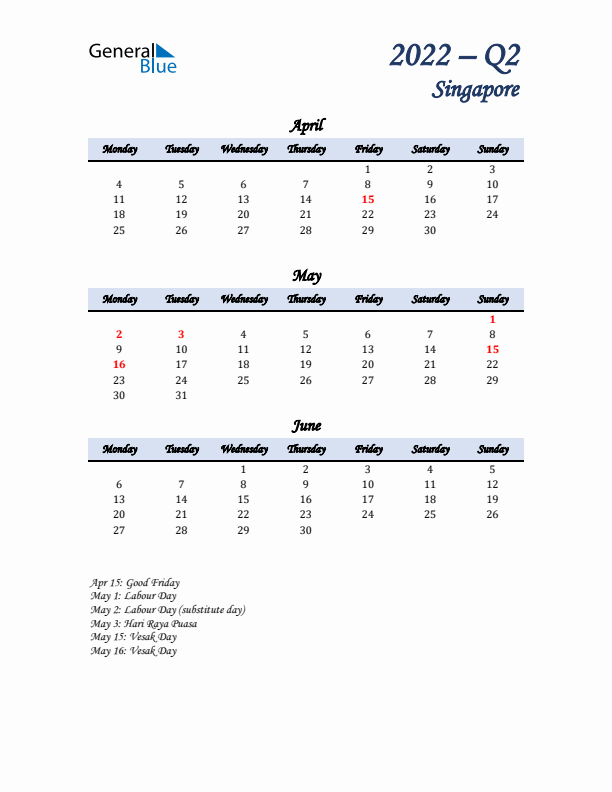 April, May, and June Calendar for Singapore with Monday Start