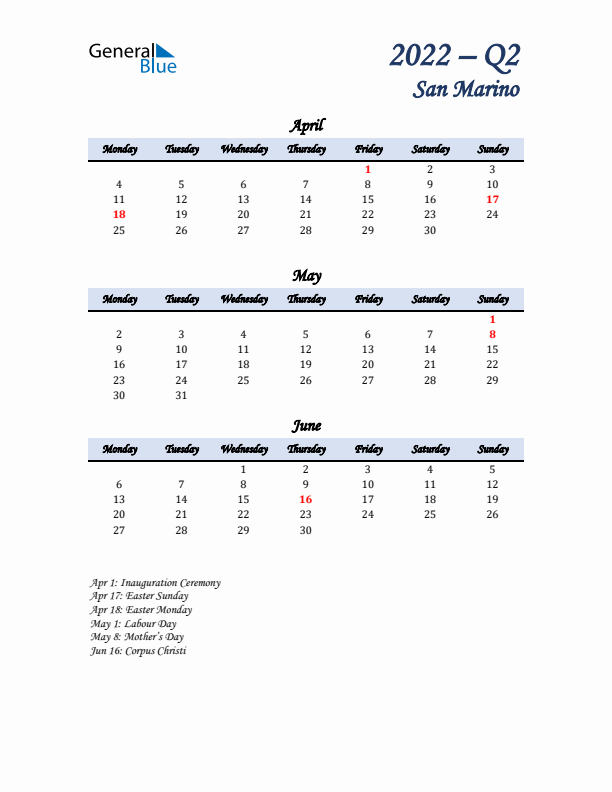 April, May, and June Calendar for San Marino with Monday Start