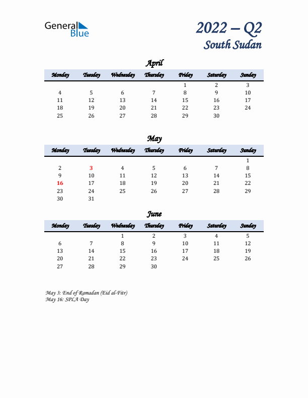 April, May, and June Calendar for South Sudan with Monday Start