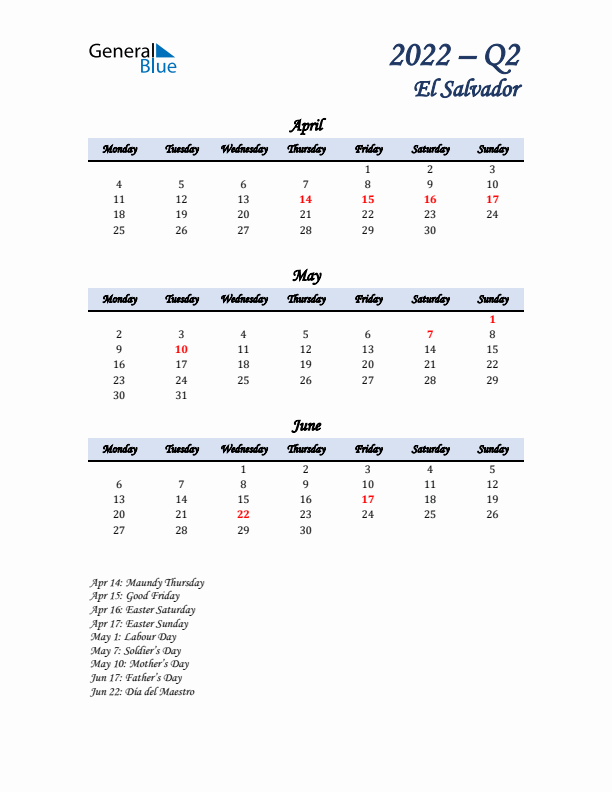 April, May, and June Calendar for El Salvador with Monday Start