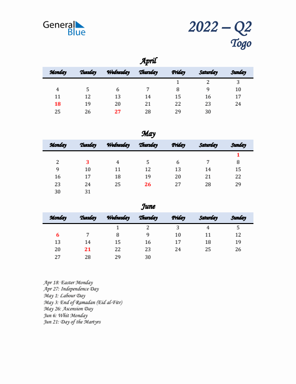 April, May, and June Calendar for Togo with Monday Start