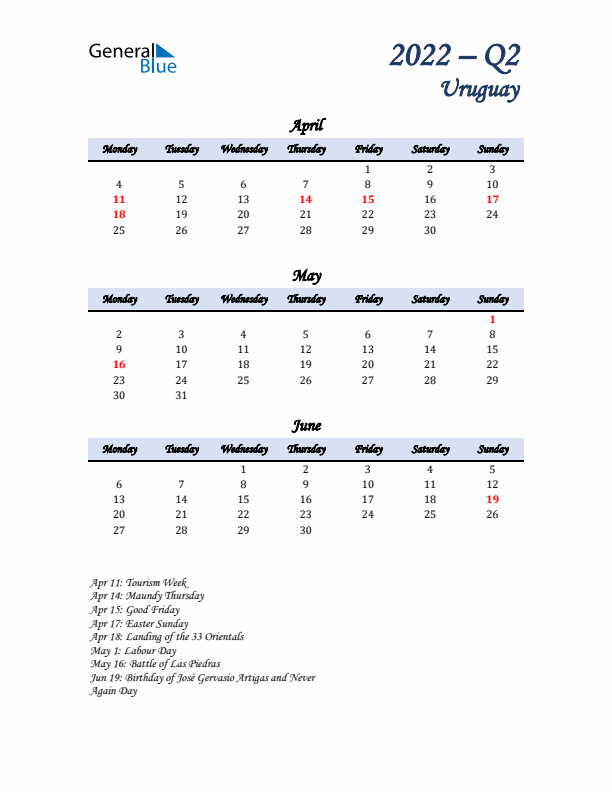 April, May, and June Calendar for Uruguay with Monday Start