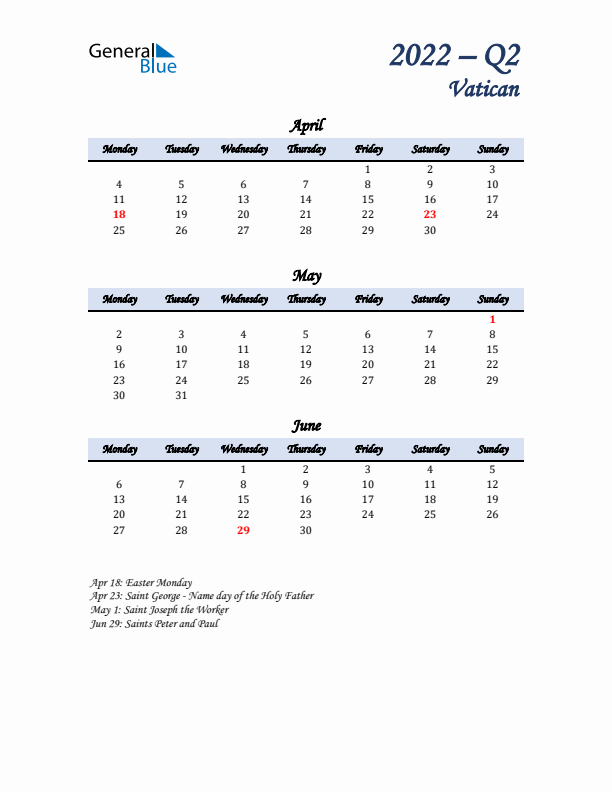 April, May, and June Calendar for Vatican with Monday Start