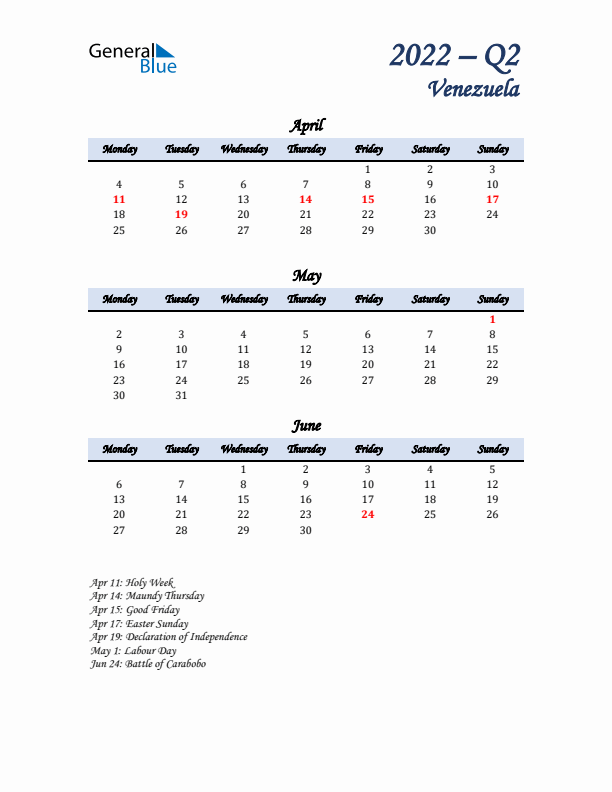 April, May, and June Calendar for Venezuela with Monday Start