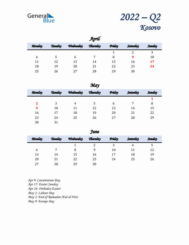 April, May, and June Calendar for Kosovo with Monday Start