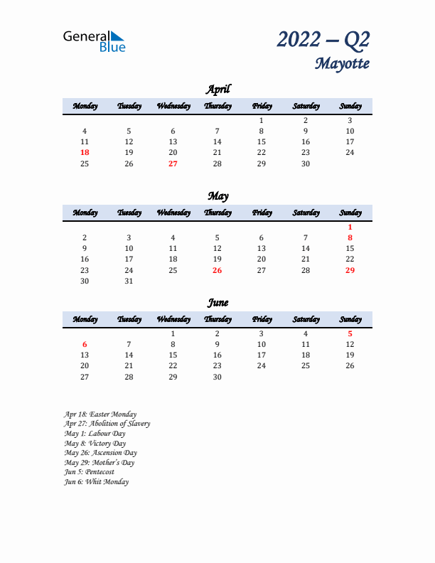 April, May, and June Calendar for Mayotte with Monday Start