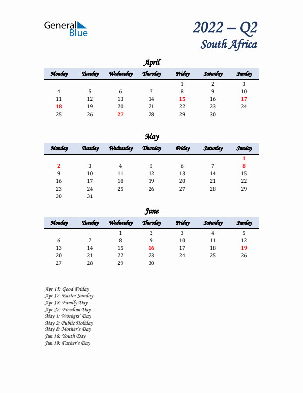 April, May, and June Calendar for South Africa with Monday Start