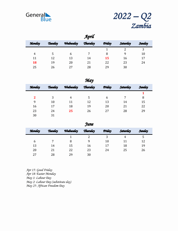 April, May, and June Calendar for Zambia with Monday Start