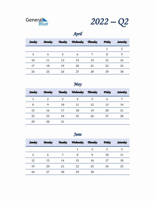 Sunday Start 2022 Quarterly Calendar