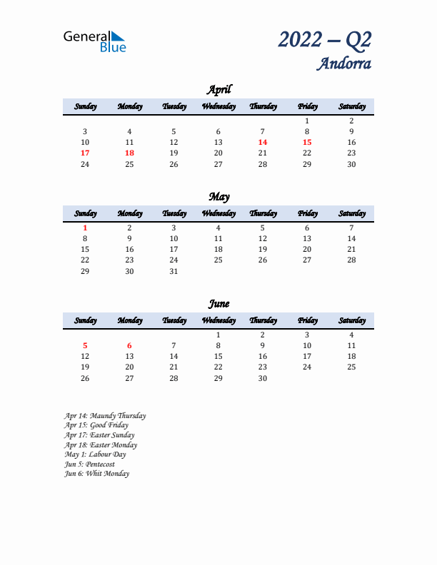 April, May, and June Calendar for Andorra with Sunday Start