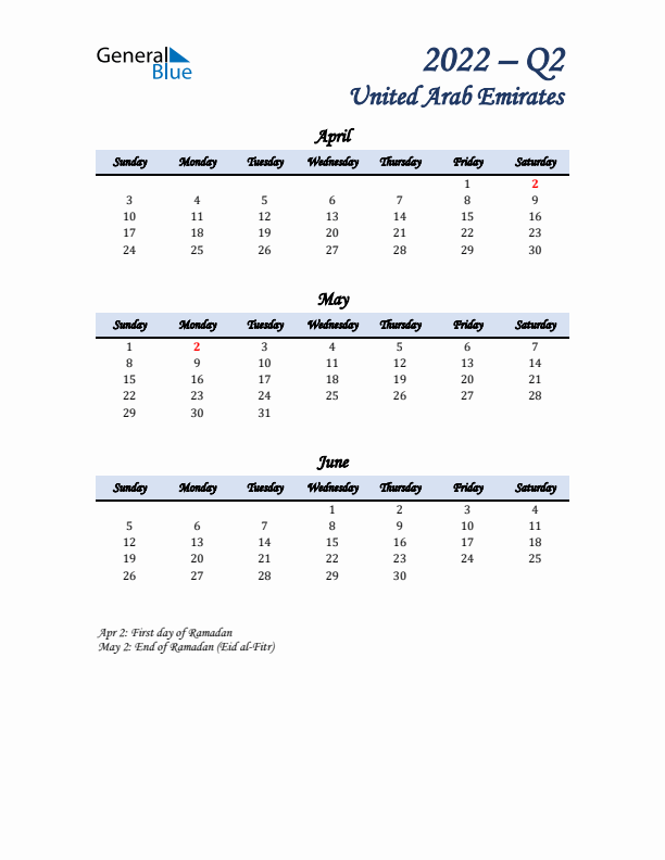 April, May, and June Calendar for United Arab Emirates with Sunday Start