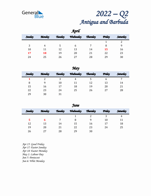 April, May, and June Calendar for Antigua and Barbuda with Sunday Start