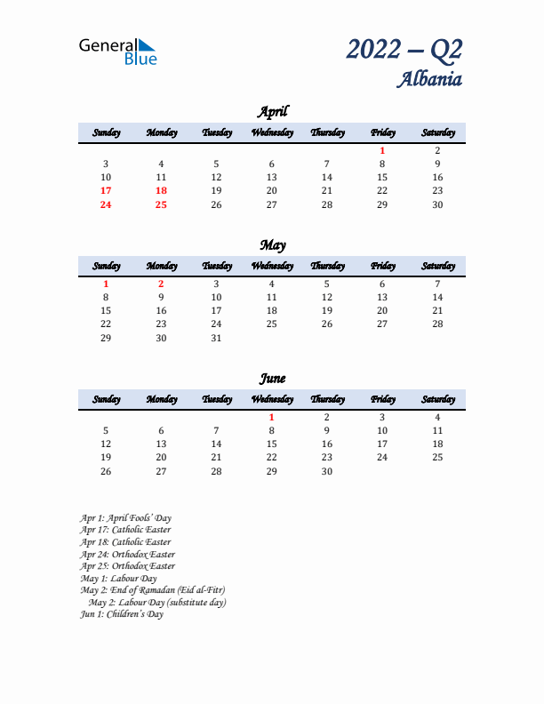 April, May, and June Calendar for Albania with Sunday Start