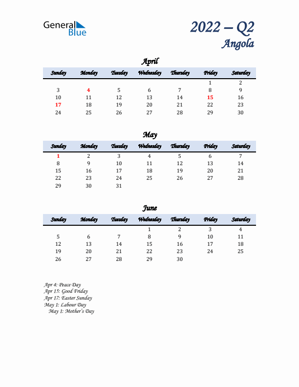 April, May, and June Calendar for Angola with Sunday Start