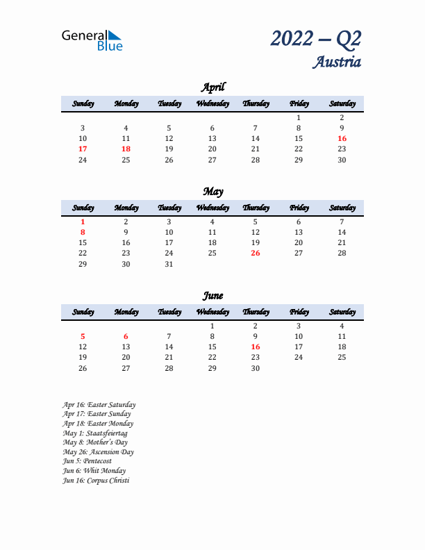 April, May, and June Calendar for Austria with Sunday Start