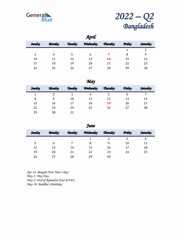 April, May, and June Calendar for Bangladesh with Sunday Start