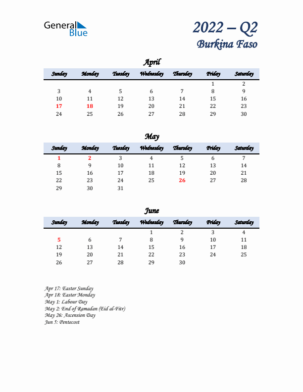 April, May, and June Calendar for Burkina Faso with Sunday Start