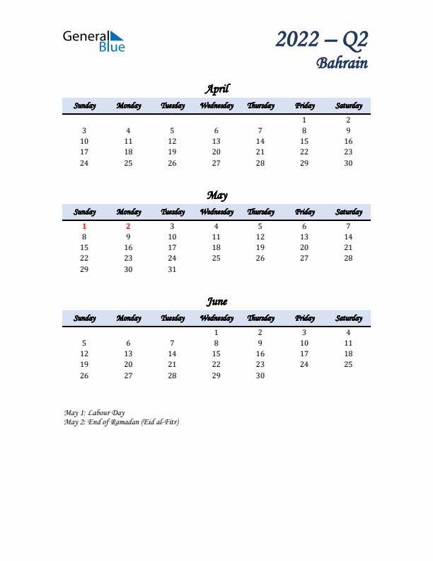 April, May, and June Calendar for Bahrain with Sunday Start