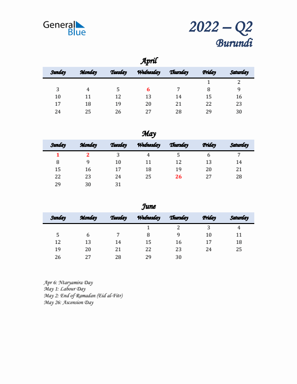 April, May, and June Calendar for Burundi with Sunday Start