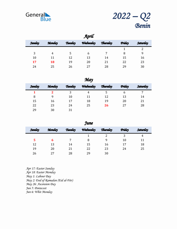 April, May, and June Calendar for Benin with Sunday Start