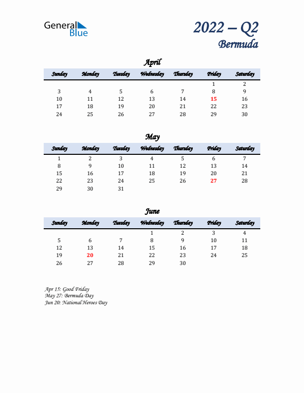 April, May, and June Calendar for Bermuda with Sunday Start