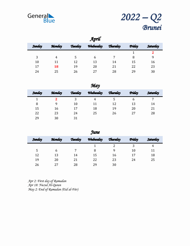 April, May, and June Calendar for Brunei with Sunday Start