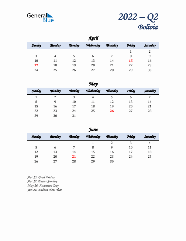 April, May, and June Calendar for Bolivia with Sunday Start