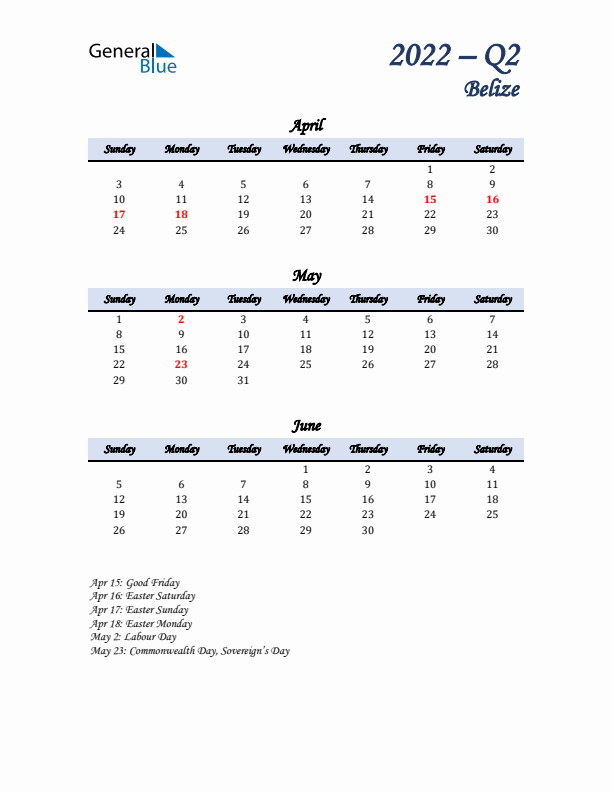 April, May, and June Calendar for Belize with Sunday Start