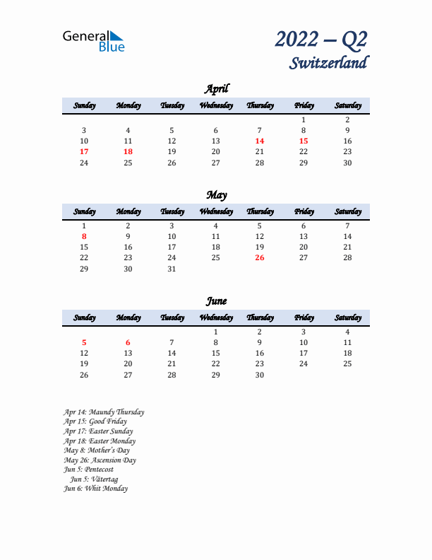 April, May, and June Calendar for Switzerland with Sunday Start