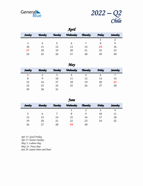 April, May, and June Calendar for Chile with Sunday Start