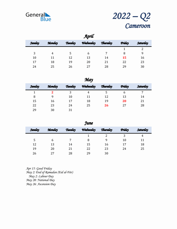 April, May, and June Calendar for Cameroon with Sunday Start