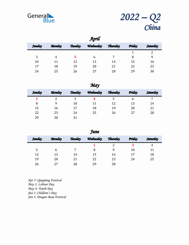 April, May, and June Calendar for China with Sunday Start