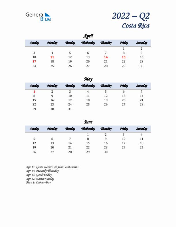 April, May, and June Calendar for Costa Rica with Sunday Start