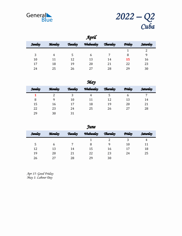 April, May, and June Calendar for Cuba with Sunday Start