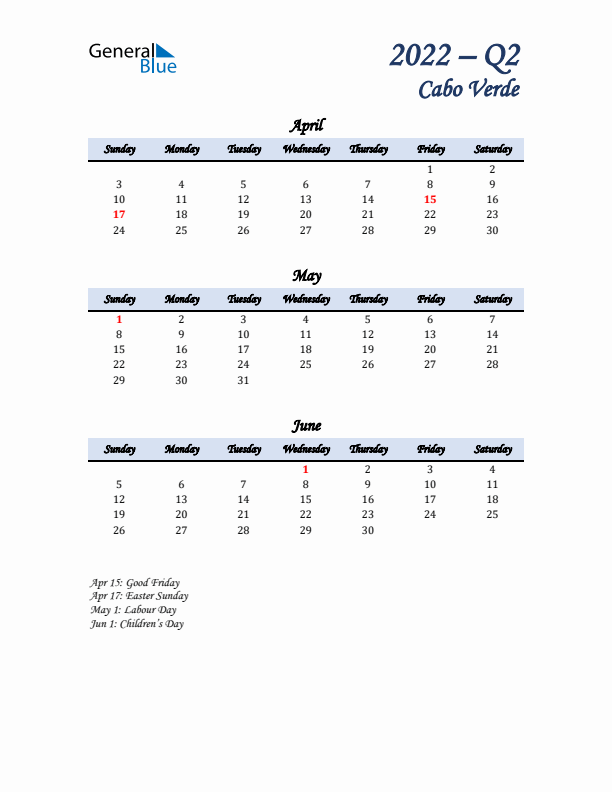 April, May, and June Calendar for Cabo Verde with Sunday Start