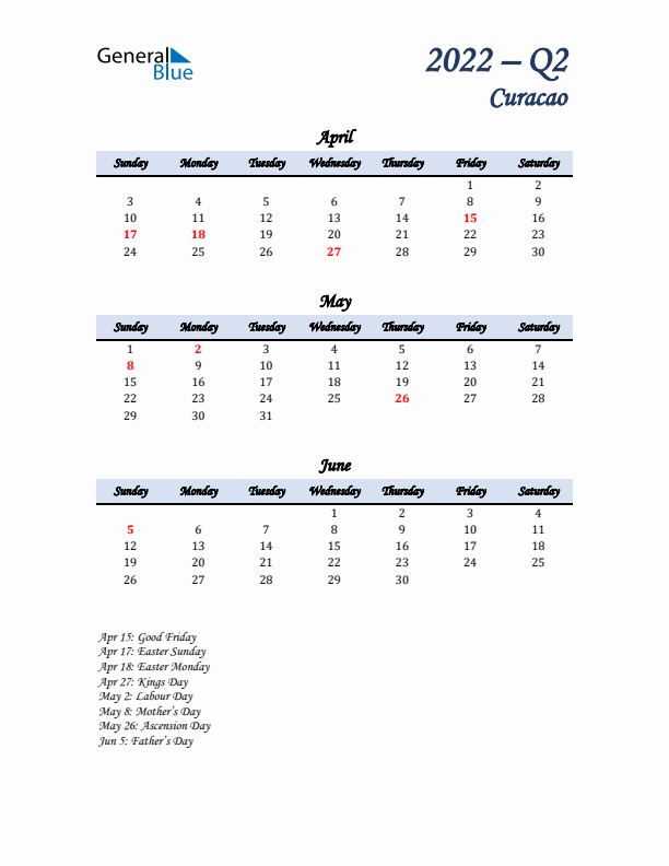 April, May, and June Calendar for Curacao with Sunday Start