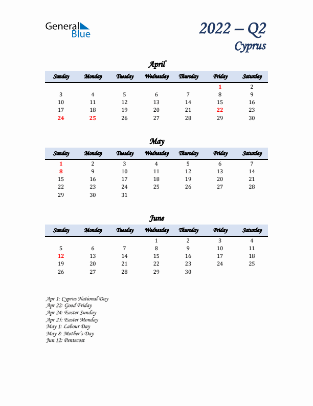 April, May, and June Calendar for Cyprus with Sunday Start