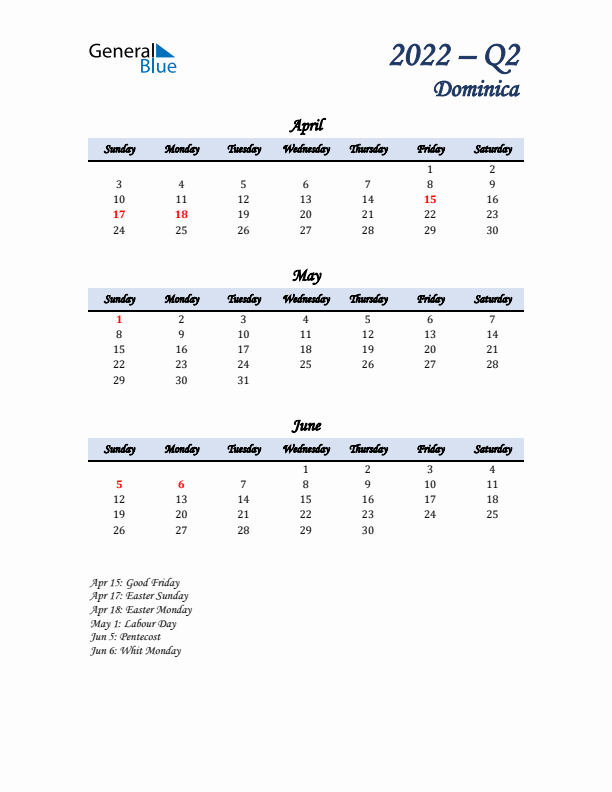 April, May, and June Calendar for Dominica with Sunday Start