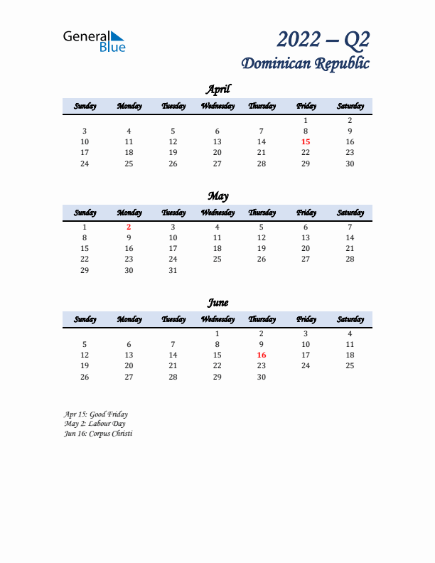 April, May, and June Calendar for Dominican Republic with Sunday Start