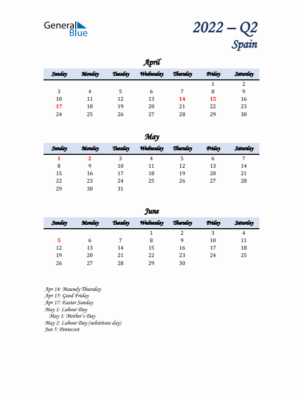 April, May, and June Calendar for Spain with Sunday Start