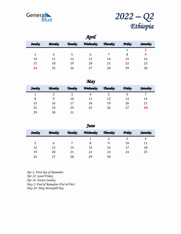 April, May, and June Calendar for Ethiopia with Sunday Start