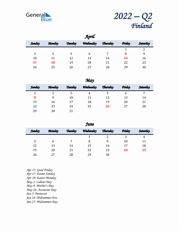 April, May, and June Calendar for Finland with Sunday Start